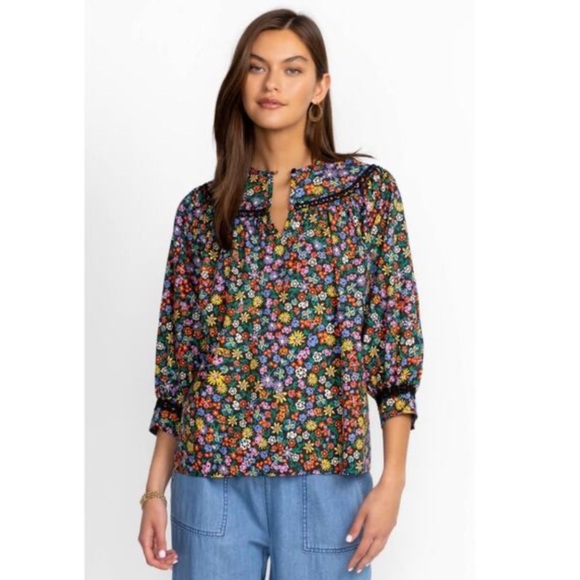 Johnny Was Blouse Risa Poplin in Black Floral - Picture 2 of 9